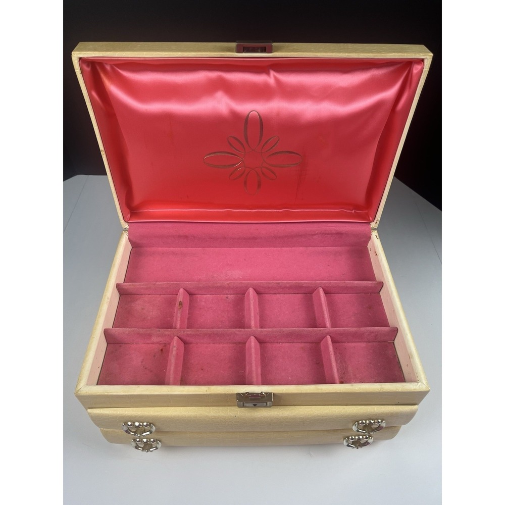 Large Vintage Cream Pink Lady Buxton Jewelry Box Vinyl Covered Mid Century